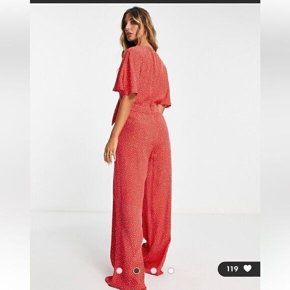 Mango Jumpsuit Medium Red Polka Dot Tie Front Wide Leg Short Sleeve - Picture 4 of 7